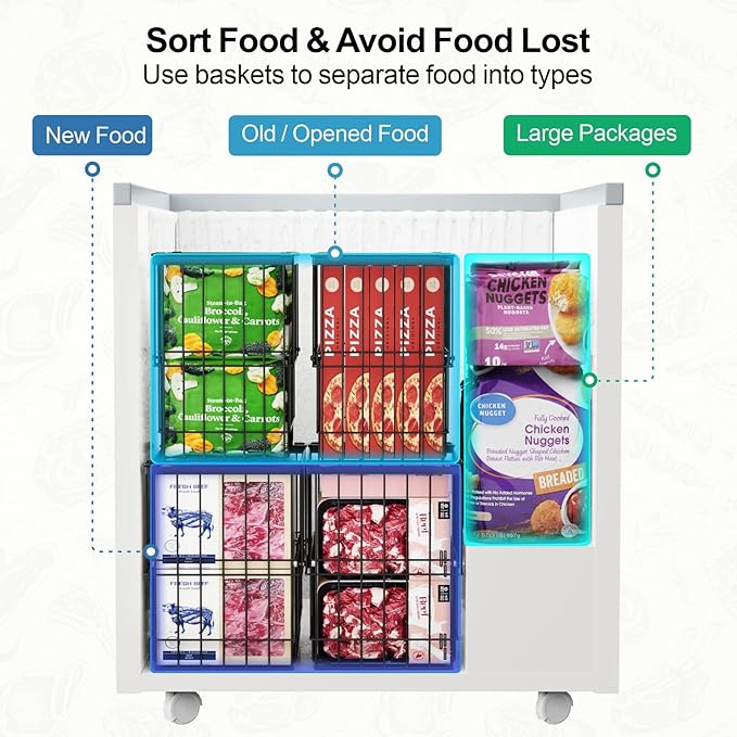 iSPECLE Deep Freezer Organizer Bins - 4 Pack Large Adjustable Freezer Organizer Bins for 5 to 7 Cu.Ft Chest Freezer, Stackable No Wasted Space, Easily Access Pizza (≤12") without Digging, Black
