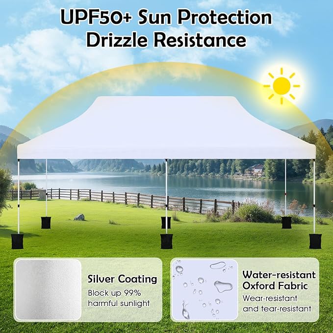 Tangkula 10x20 Ft Pop Up Canopy, Instant Setup Tent with 6 Sandbags, 12 Stakes & 6 Ropes, UPF 50+ Portable Outdoor Canopy Tent with Carrying Bag for Camp, Beach, Patio (White)