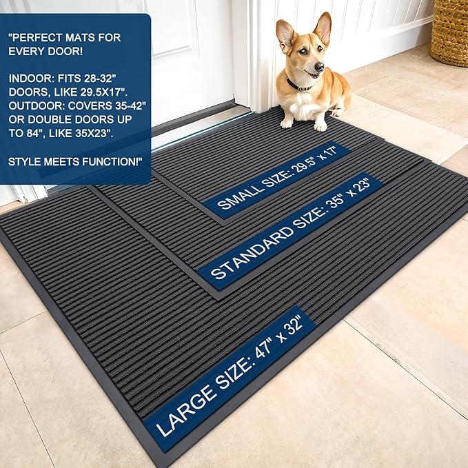 OLANLY Front Door Mat Indoor Outdoor Entrance, Waterproof Heavy Duty Doormat, Fade Resistant, Low Profile, Easy Clean Patio Porch Welcome Floor Mats for Entry, 33x21, Charcoal Grey