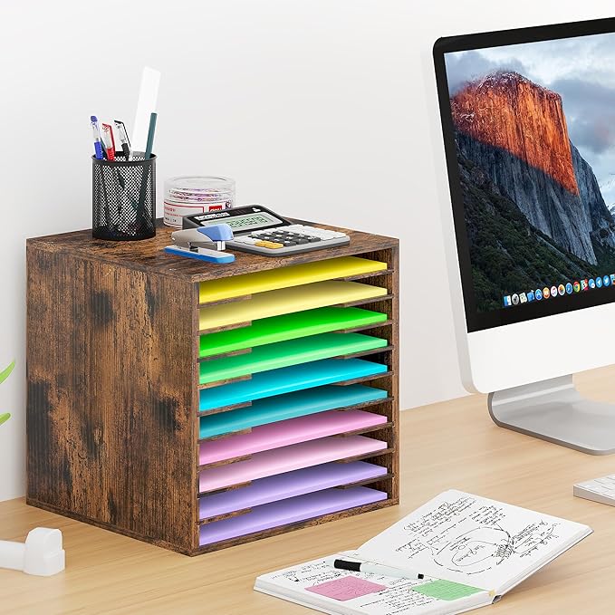 EasyPAG Scrapbook Paper Storage Organizer for Craft Room, 12x12 Paper Storage Desk Shelf, 10 Slot Adjustable File Sorter for Office School Classroom, Antique