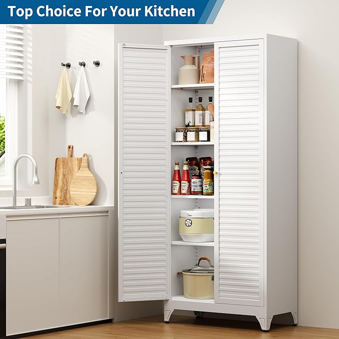 75" Tall Metal Kitchen Storage Cabinet,White Kitchen Pantry Storage Cabinet with Doors and 4 Adjustable Shelves,Utility Cabinet for Living Room,Garage,Dining Room and Office,Assemble Required