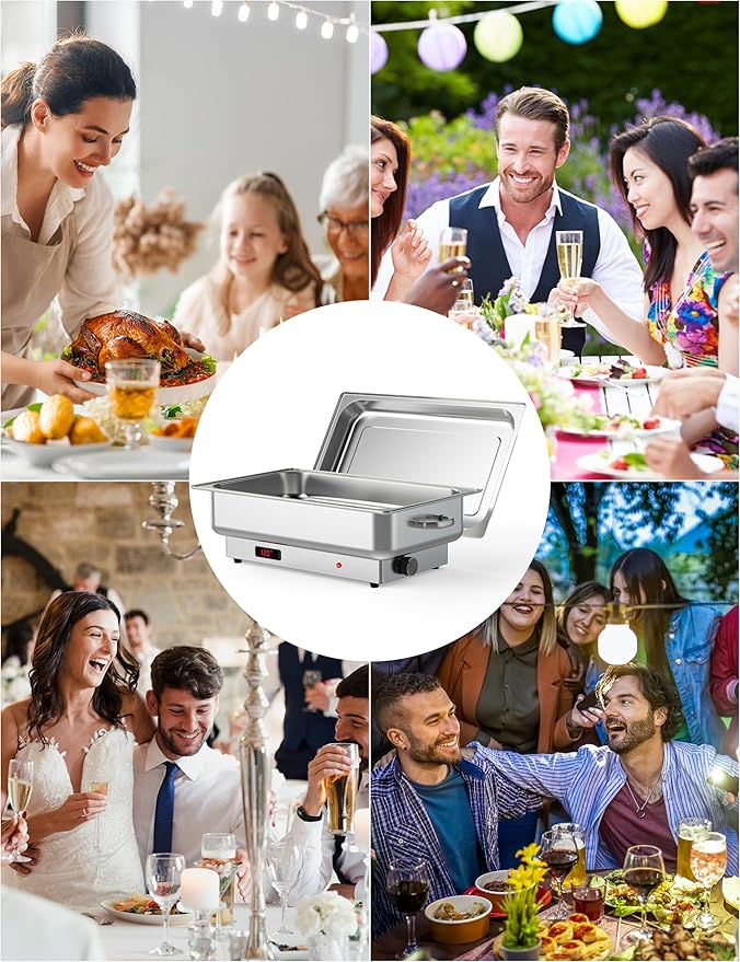 Electric Chafing Dish, 9 QT Rectangular Full-Size Buffet Stainless Steel Chafing Dish Set, Commercial Food Warmer with Temperature Control Display for Parties, Catering, Festivals