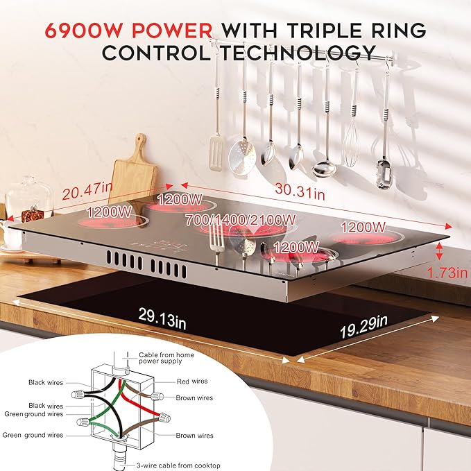 Noxton 30 Inch Electric Cooktop, 5 Burners Electric Stovetop, Built-in Glass Cooktop, 9 Power Level, Pause, Timer, Child Safety Lock, Triple Ring, 220-240V Hardwire(NO plug)