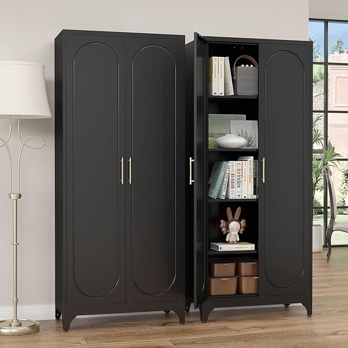 Kitchen Pantry Cabinet,75 Inch Black Metal Storage Cabinet with Door and Adjustable, Tall Pantry Cabinets for Kitchen Storage,Cupboard for Living Room,Dining Room and Bathroom