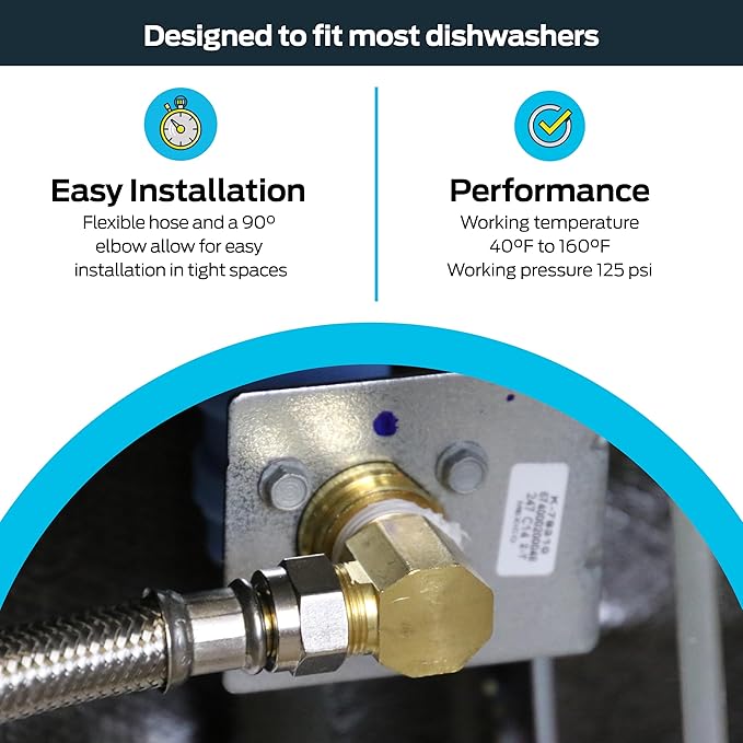 Eastman Flood Defender Dishwasher Installation Kit, 6 Foot Supply Line with Adapters, Auto Shutoff Valve, 3/8 Inch MIP x 3/4 Inch FHT Elbows, 98556
