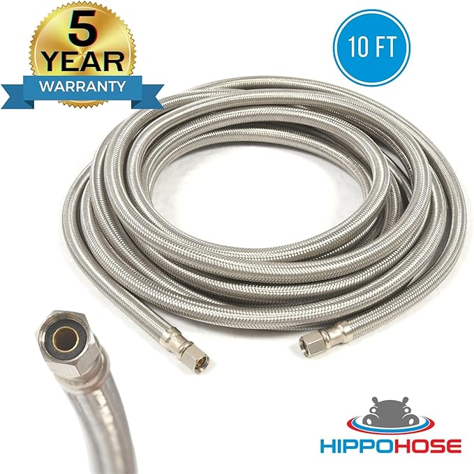 Refrigerator Icemaker Hose (10 FT) - Universal Fit to ALL Refrigerator Brands - Icemaker Water Supply Line - ¼” x ¼” Connections - SS Refrigerator Supply Hose for Ice & Water