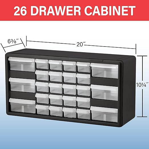 Akro-Mils 26-Drawer Plastic Drawer Storage Cabinet for Garage Organization, Bead Organizer, Building Bricks Storage, Teacher Toolbox, Makeup Organizer, 20" W x 6" D x 10" H, 10126 Red