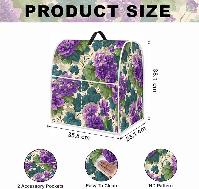 Stand mixer cover with handle and storage bag, reusable and washable, stylish retro floral design, keeps kitchen countertops clean and tidy (fits 6-8 quart mixers).