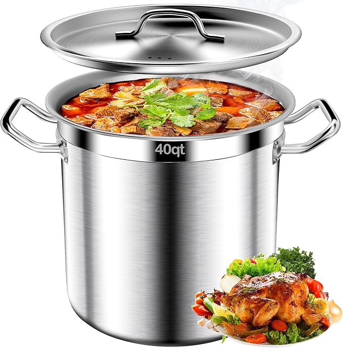 Stainless Steel Stockpot – 40QT Stock Pot with Lid, Heavy-Duty Tri-Ply Bottom Cooking Pot for Canning, Boiling Beer Brewing, Soup, Seafood Boil – Satin Finish Stainless Steel Soup Pot