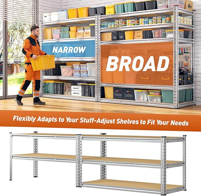 Garage Shelving Load 3050LBS, 5-Tier Storage Shelves, Adjustable Garage Shelves, Shelving Units and Storage, Metal Shelf for Kitchen, Pantry, Warehouse, 48" W x 71.9" H x 17.9" D, Galvanized