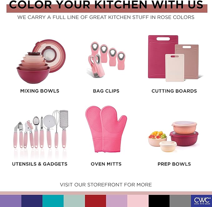 COOK WITH COLOR Nesting Plastic Mixing Bowl Set with Pour Spouts and Handles, Rose, 4 Piece Non-Slip