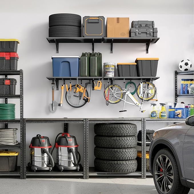 2-Pack 2x3ft Garage Shelving Wall Mounted, 2' x 3' Heavy Duty Garage Storage Shelves with Hooks, 500LB Capacity