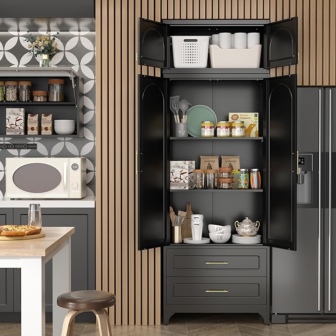 Kitchen Pantry Cabinet，90" Storage Cabinets with Doors and Shelves,Metal Pantry Cabinet with 2 Drawers,White Kitchen Cupboard for Livingroom,Pantry, Bathroom