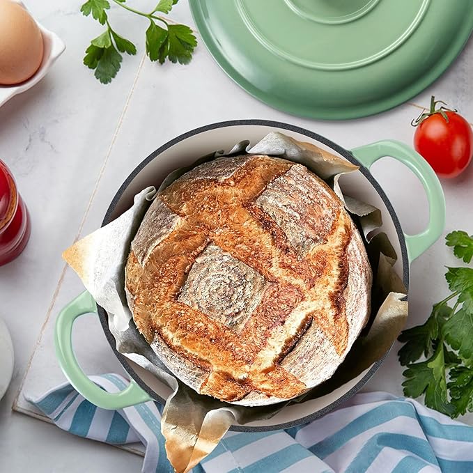 TeamFar Enameled Cast Iron Dutch Oven - 3QT Small Dutch Oven Pot with Lid - Heavy Duty Cast Iron Pot Cookware for Bread Baking, Braising, Stewing, Roasting, Pistachio Green