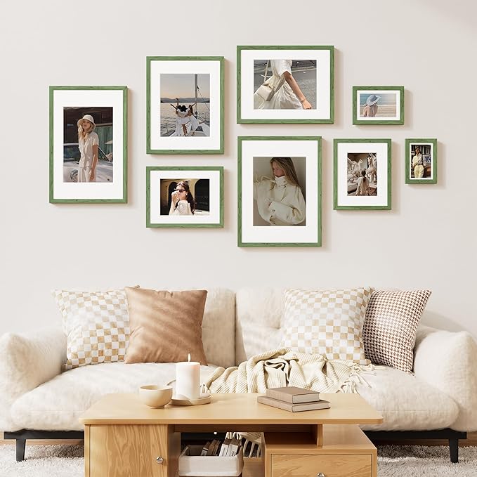 Vittanly 8x10 Picture Frame Set of 2, Solid Wood Frame for Wall or Tabletop, Display Photo 5x7 with Mat or 8x10 without Mat, Rustic Green