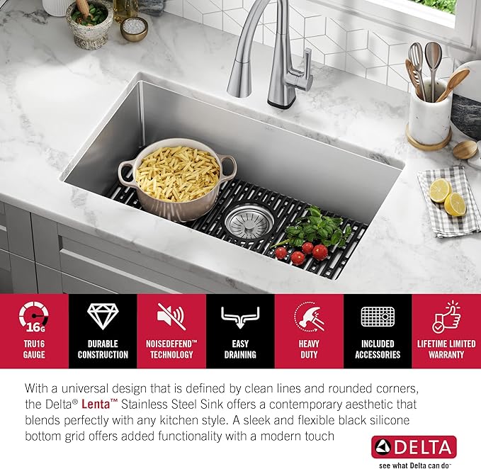 DELTA FAUCET Delta Lenta 26-inch Undermount 16 Gauge Stainless Steel Single Bowl Kitchen Sink with Accessories, 953034-26S-SS, Satin