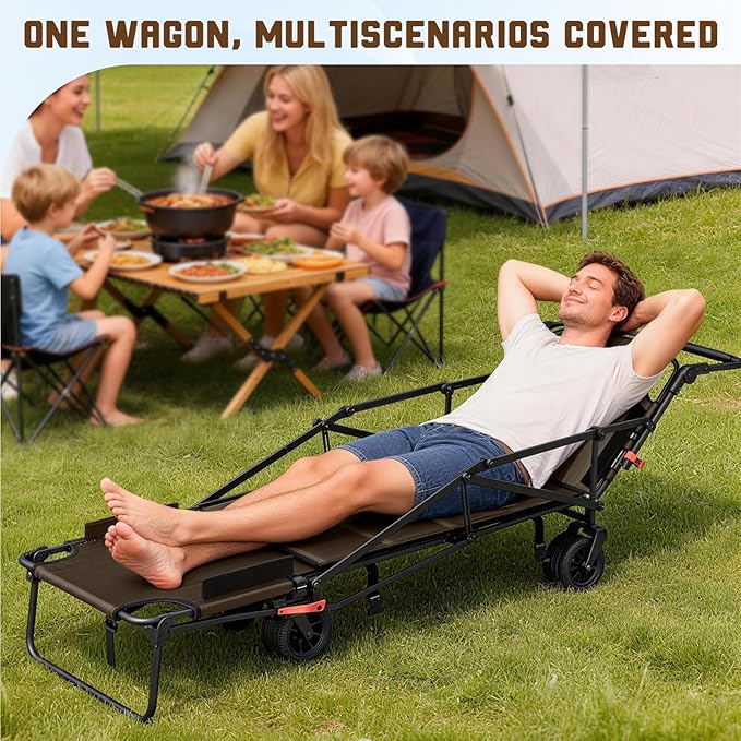 LEVELEVE Heavy Duty Folding Wagon - 2-in-1 Collapsible Cart, 650lb Capacity, All-Terrain Wheels w/Brakes & Side Pockets (Brown)