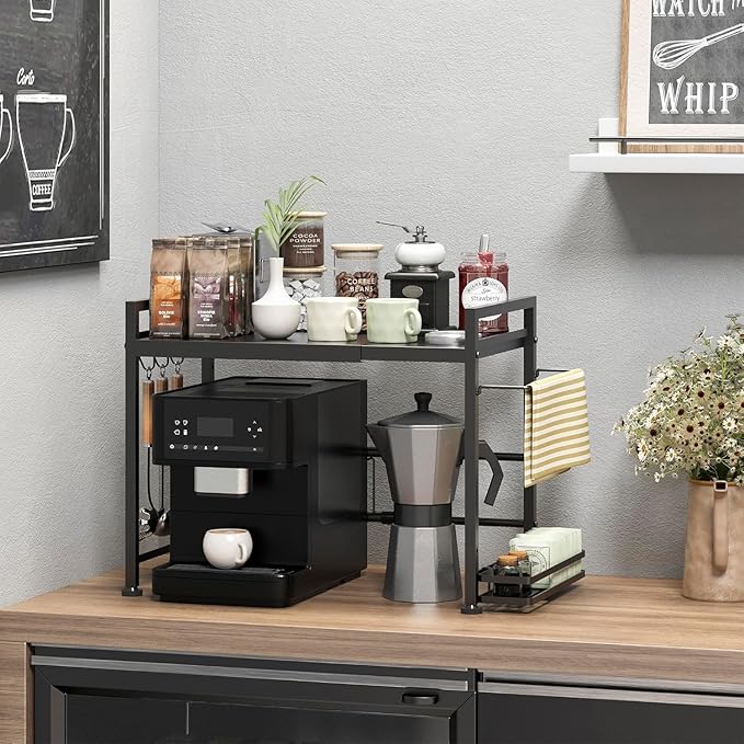 DOLALIKE Microwave Oven Rack, Expandable Microwave Stand Countertop Kitchen Utensils Tableware Storage, Carbon Steel Over Microwave Shelf Countertop with 6 Hooks