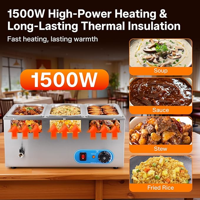 Commercial Food Warmer 1500W Stainless Steel Steam Table Food Warmer | 3 Lidded 1/3 Pans, Adjustable Temp, Built-in Faucet | for Restaurants, Catering & Buffets