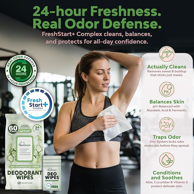 Deodorant Wipes for Women - Freshening Body Towelettes for Post-Workout, Travel, and Daily Deodorizing - On-the-Go Fresh Scent Cleansing Wipes, 60 Count (1 Pack)