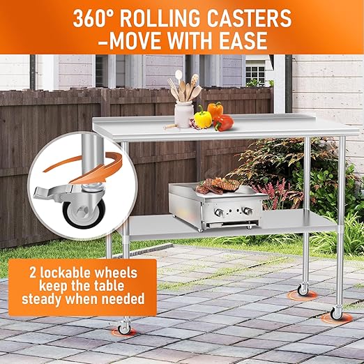 Stainless Steel Prep Table 24" X 48" with Adjustable Undershelf, Backsplash and Wheels, Commercial Metal Workstations for Kitchen, Garage, Outdoor BBQ