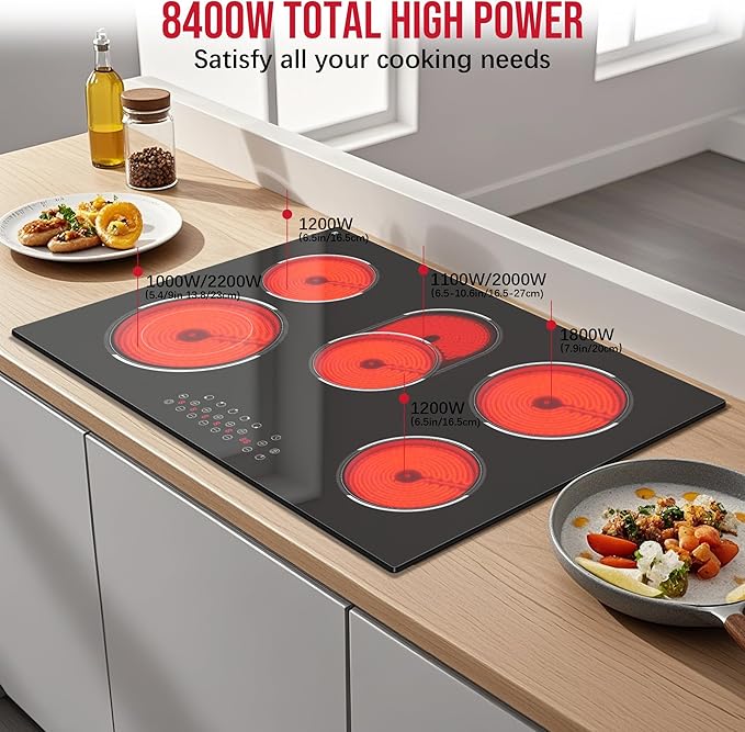 30 Inch Electric Cooktop, Built-in 5 Burner Electric Stovetop 8400W, 30" Glass Ceramic Cook Top with Expanded Zone, Child Safety Lock, Timer, Pause Control, 220V - 240V Hard Wire, No Plug