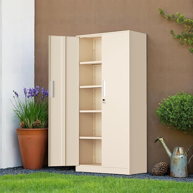 Oakmont Metal Storage Cabinet for Tool Organization, 72" Lockable Garage Storage Cabinets with 2 Doors and 4 Adjustable Shelves, Locking File Cabinet for Office, Home, School (72“ Standard-Ivory)