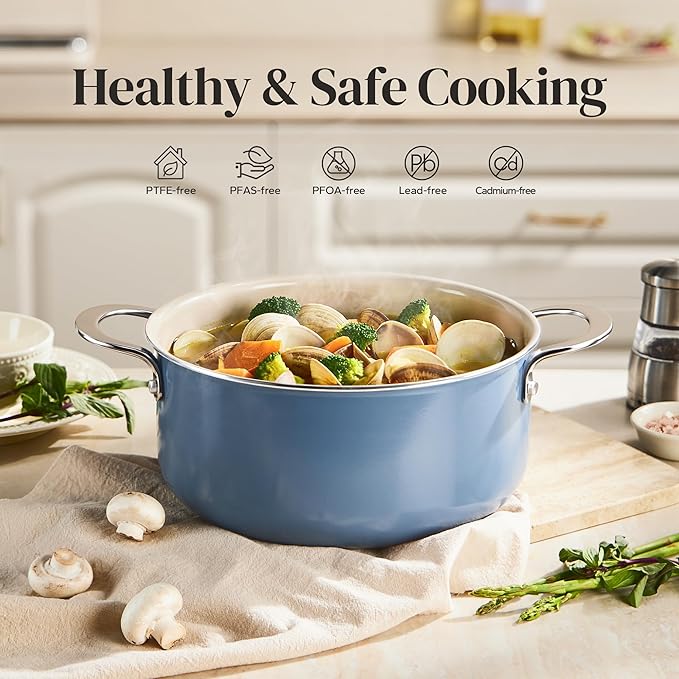 Redchef Ceramic Stock Pot, Induction Cooking Pot with Glass Lid for Soup, 5Qt Stockpot Nonstick Soup Pot, Even Heating, Stay-Cool Handles,Fits All Stoves, Oven/Dishwasher Safe, PFAS Free (Blue)
