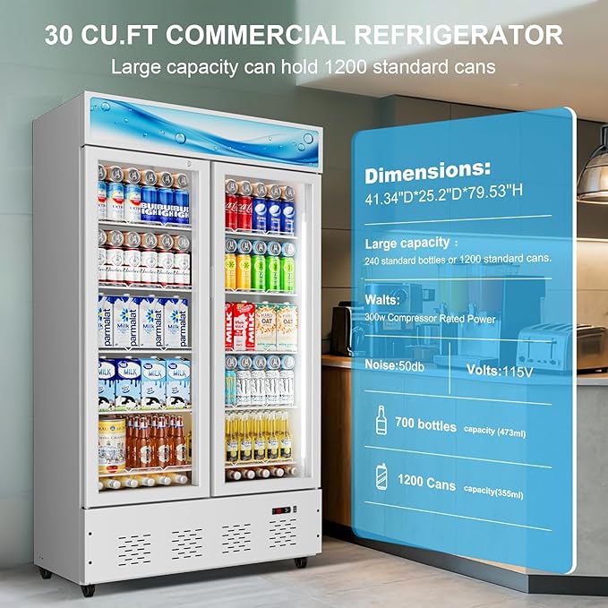 42”W Commercial Glass Door Display Refrigerator 30 Cu.ft White Cooler Beverage Fridge with LED Light and 10 Shelves for Cafe Restaurant Store Bar