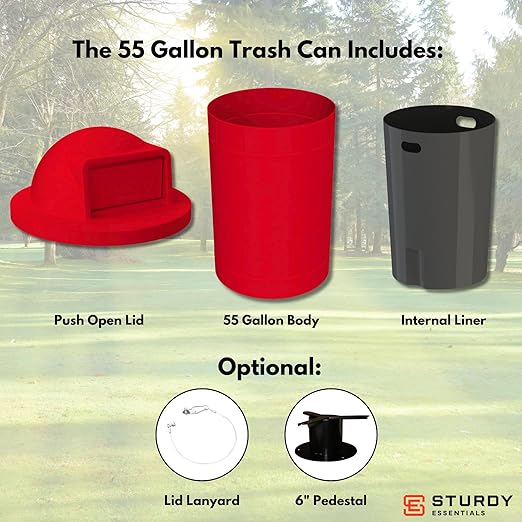 Campus Collection 55 Gallon Round Plastic Heavy Duty Commercial Indoor or Outdoor Trash Can with Push Open Dome Lid and Internal Liner | Great for Schools and Businesses - Red