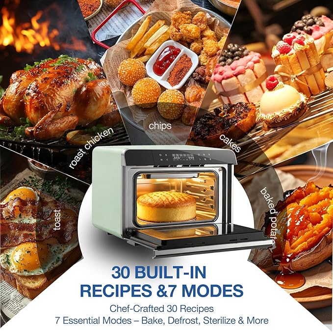 ROBAM Countertop Combi Steam Oven, 20-in-1 Multifunction Air Fryer, Convection Steam Roast & Bake, Multi-Stage Cooking, Self-Clean, Heat-Resistant, 7 Modes, 30 Built-In Recipes CT763 (Green)
