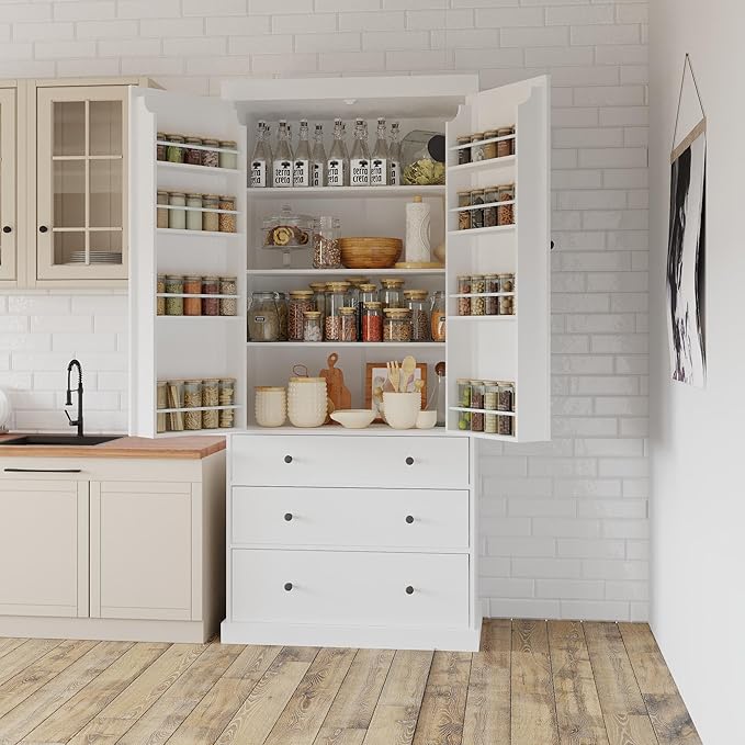Merax 77" Tall Kitchen Storage Cabinet Pantry Farmhouse Freestanding Large Cupboardwith 3 Drawers,3 Adjustable Shelves,8 Door-Shelf for Dining Room,White