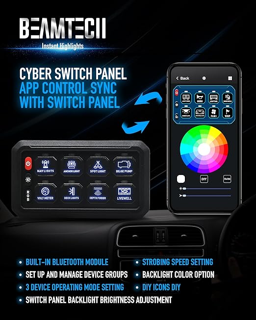 BEAMTECH 8 Gang Switch Panel, APP Remote Control RGB Toggle Momentary Pulsed Circuit Control Relay System Box Auxiliary Touch Control Switch LED Light Controller for Off Road ATV Car Truck