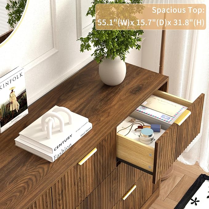 7 Drawers Dresser for Bedroom，55" Wide Fluted Dresser with Deep Drawers, Modern Chest of Drawers, Mid Century Wood TV Stand Storage Organizer for Closet, Living Room, Hallway, Natural