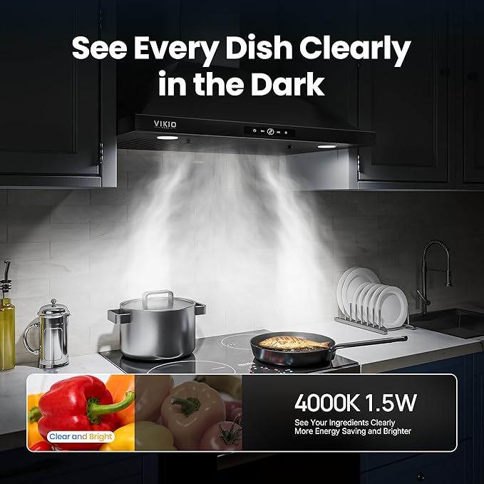 Wall Mount Range Hood 30 inch, 580 CFM Kitchen Vent Hood, Ducted/Ductless Convertible with Touch Control, Stainless Steel Stove Vent Hood, Easy Clean Filter, Black