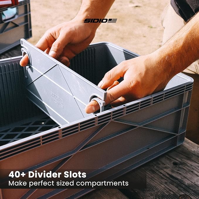 SIDIO Crate Basic Pack - 2 Full-Size & 1 Half-Size Heavy Duty Stackable Storage Bins, Totes and Containers with Dividers - Durable Plastic Organizer for Home, Office, Garage, and Outdoor Use, Black