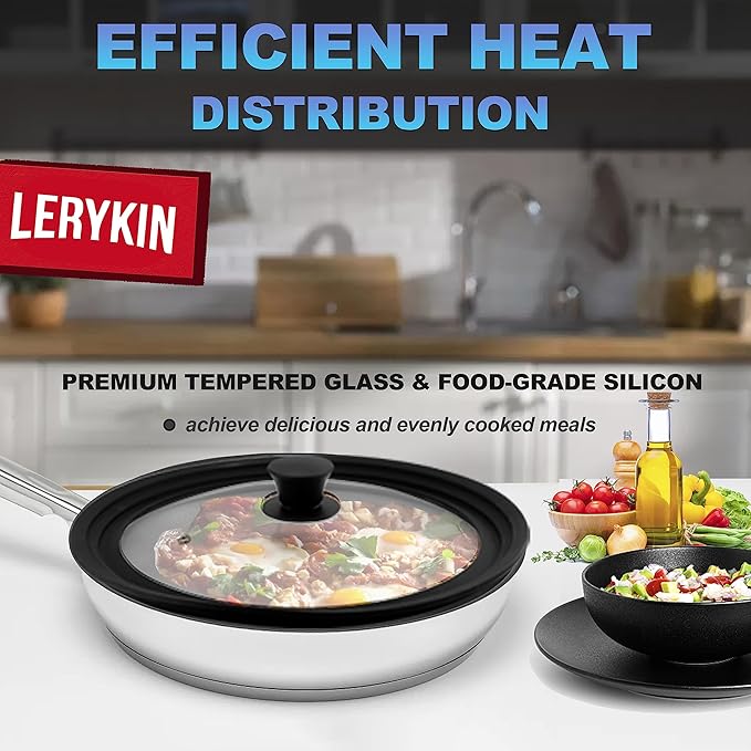Tempered Glass Lid - Universal Lid with Heat Resistant Silicone Rim for Pots, Pans and Skillets - Pan Cover Replacement Lid Fits 11", 12" and 12.5" Diameter Cookware