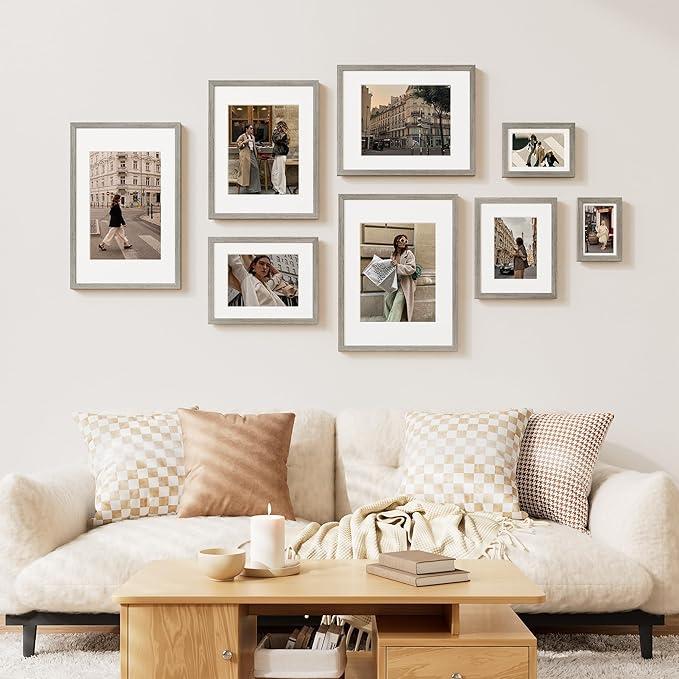 Vittanly 11x14 Picture Frame Set of 2, Solid Wood Frame for Wall Art Photo and Prints, Display Photo 8x10 with Mat or 11x14 without Mat, Grey