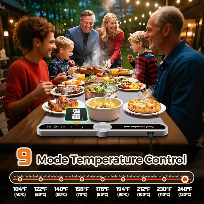 Warming Mat for Food - Super Large 40"x15" Electric Warming Tray Warm 10 Dishes, 9-Temperature Adjustable, 1-6H Timer, Child Lock, 8s Fast Heating, Foldable Food-Grade Silicone Design