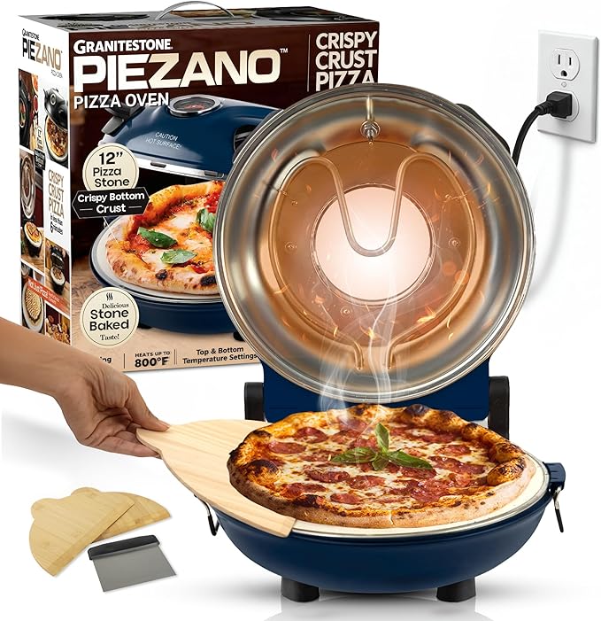 PIEZANO Crispy Crust Pizza Oven by Granitestone – Electric Pizza Oven Indoor Portable, 12 Inch Indoor Pizza Ovens Countertop, Pizza Maker Heats up to 800˚F for Stone Baked Pizza at Home - Navy