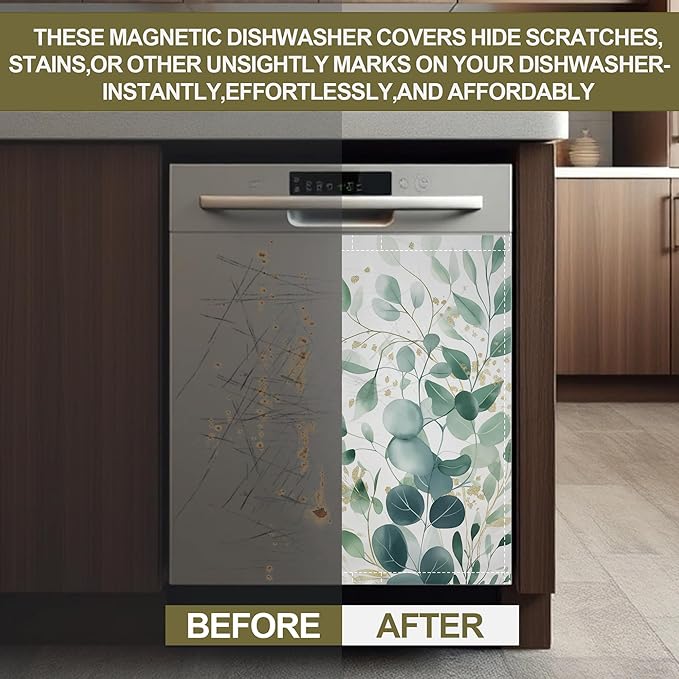 Magnetic Dishwasher Cover,Eucalyptus Greenery Reusable Dishwasher Magnetic Cover Gold Foil Decorative Door Covers Panel for Home Kitcen 23" x 26"