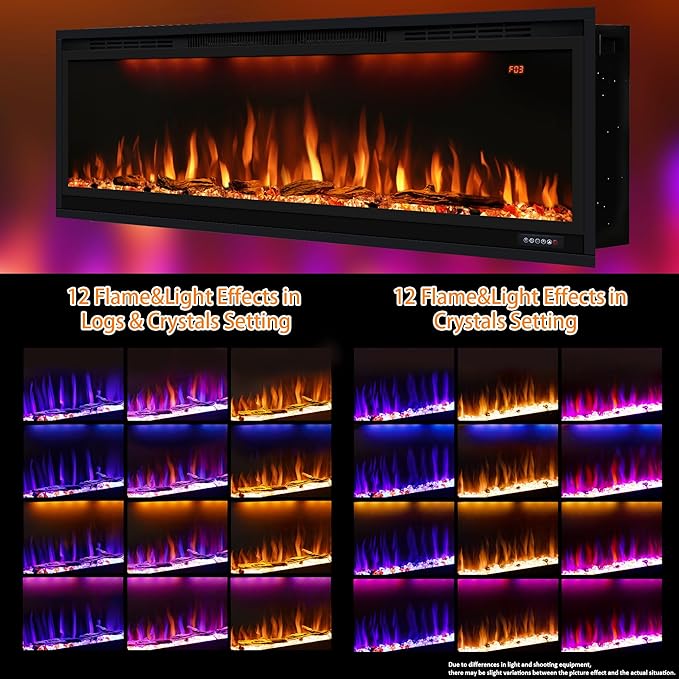 Smart 50 inch WiFi-Enabled Electric Fireplace Inserts, Wall Mount & in Wall recessed Fireplace Heater, w/Realistic Log &Crystals, Adjustable Flame Color, Thermostat and Timer, 750W/1500W, Black