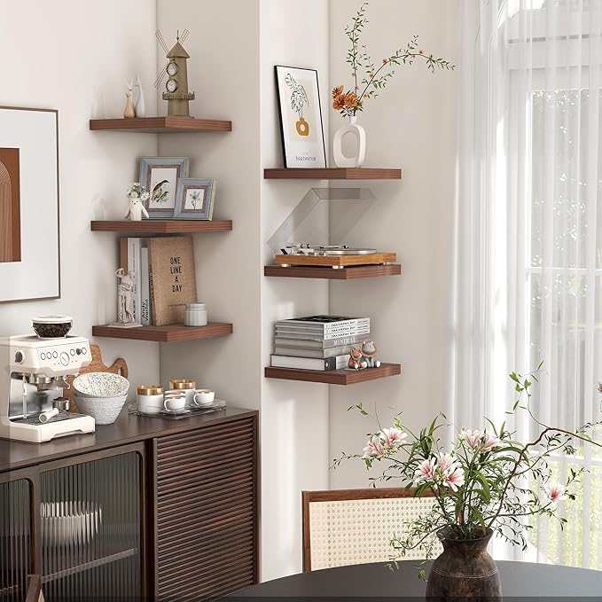 Square Floating Shelves for Wall 8"W x 8"D x 1.2"H, Small Engineered Wood Wall Shelves with Invisible Brackets for Living Room Bedroom Bathroom Office Kitchen Storage & Decor, Walnut Finish, Set of 3