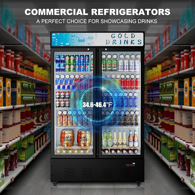 40 Cu.ft. Commercial Beverage Refrigerators Glass Door Refrigerator Upright Display Cooler with Soft LED Light and Adjustable Shelves for Restaurant Grocery Stores Home