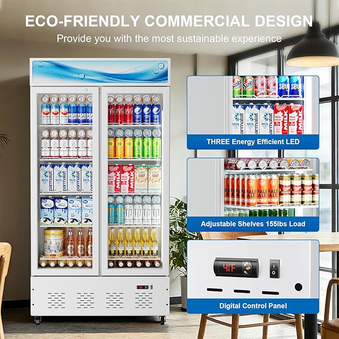 42”W Commercial Glass Door Display Refrigerator 30 Cu.ft White Cooler Beverage Fridge with LED Light and 10 Shelves for Cafe Restaurant Store Bar