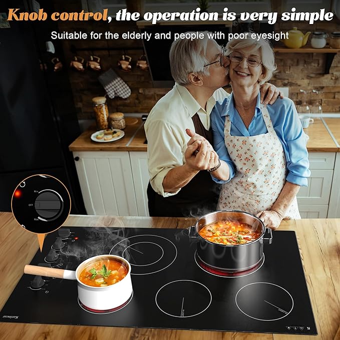 Karinear 36 Inch Electric Cooktop, Knob Control 5 Burner Electric Stove Top, Over-Temperature Protection, Hot Surface Indicator,36" Drop-in, Hard Wire 240V