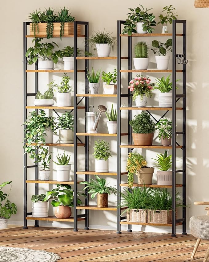 Furologee Triple 6 Tier Bookshelf, Bookcase with 17 Open Display Shelves, Wood and Metal Shelf Storage Organizer,Industrial Wide Shelving Unit for Living Room,Home Office,Rustic Brown