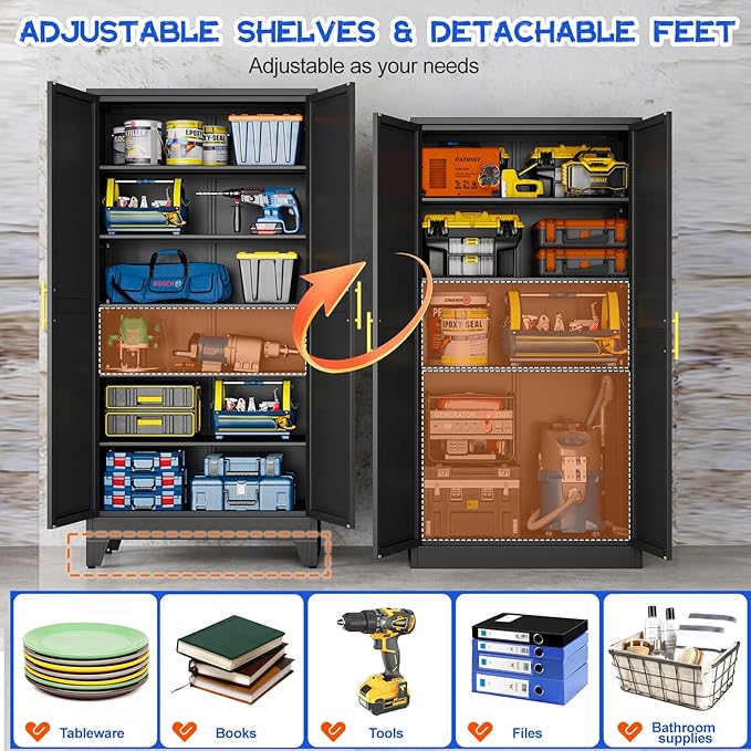 75.2" Tall Metal Storage Cabinet with 2 Doors and 5 Adjustable Shelves, New upgrade Kitchen Pantry Cabinet, Black Freestanding Cupboard, 6 Tier Steel Storage for Office, Kitchen, Dining, Garage