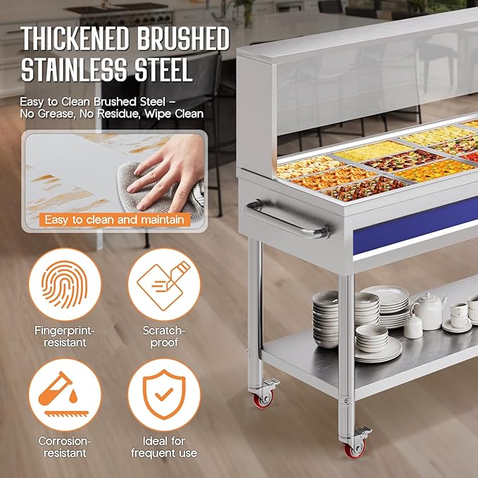 Jocisland 12-Pan 96QT Commercial Food Warmer, 1500W Stainless Steel Steam Table with Top Shelf, Lids, Food Tongs, Undershelf, Wheels, 110V Temp Control for Catering