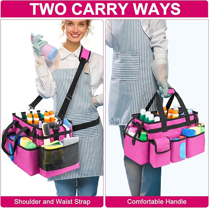 Cleaning Caddy Bag,Large Cleaning Supplies Organizer with Handle for Housekeepers,Red
